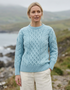 Ladies Long Crop Cable Supersoft Merino Aran Sweater | Sky Blue