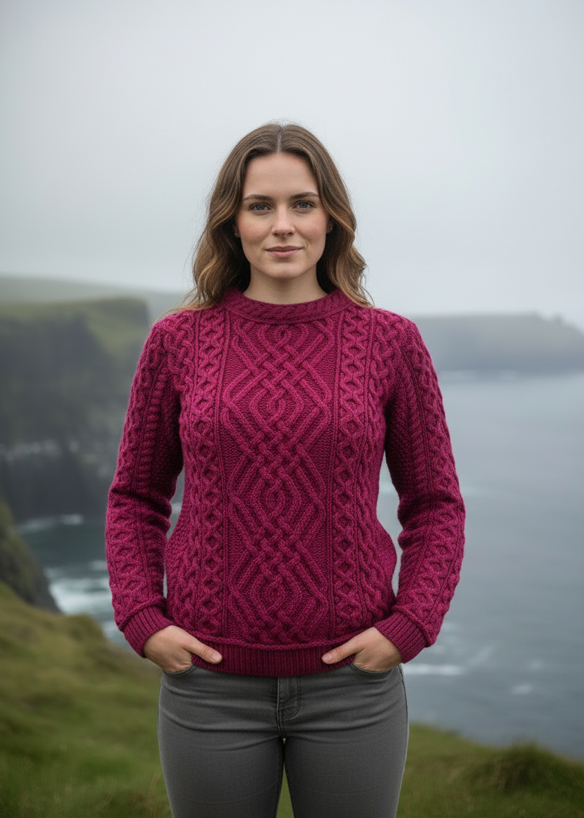 Fuchsia Aran Sweater - Casual Relaxed Pose