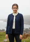 Full portrait coastal shot-Ladies Aran Cardigan Navy Green Mix | Authentic Irish Cable Knit