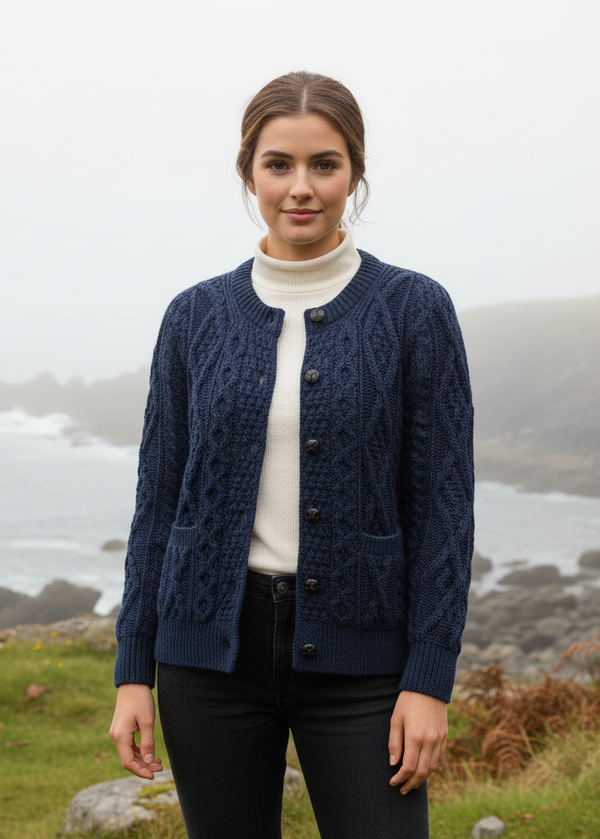 Full portrait coastal shot-Ladies Aran Cardigan Navy Green Mix | Authentic Irish Cable Knit
