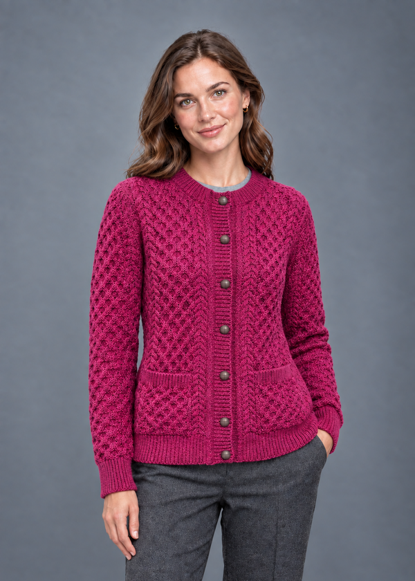 Aran Merino Wool Lumber Cardigan | Raspberry Marl