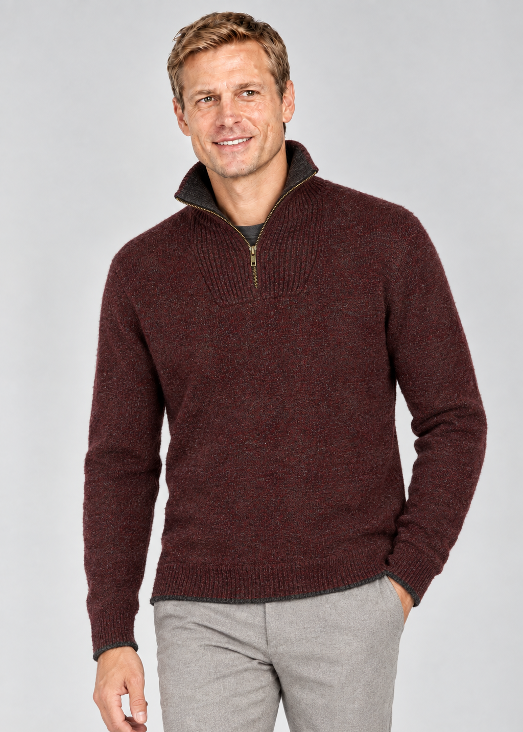 IrelandsEye Men's Lambswool Quarter Zip Sweater | Claret Red