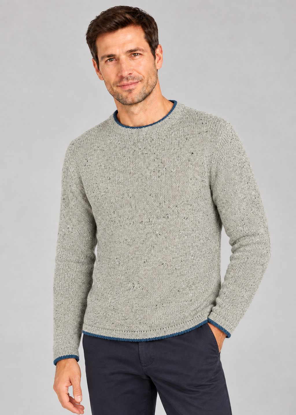 Roundstone Cashmere Blend Sweater | Men's Irish Wool Knitwear | Light Grey