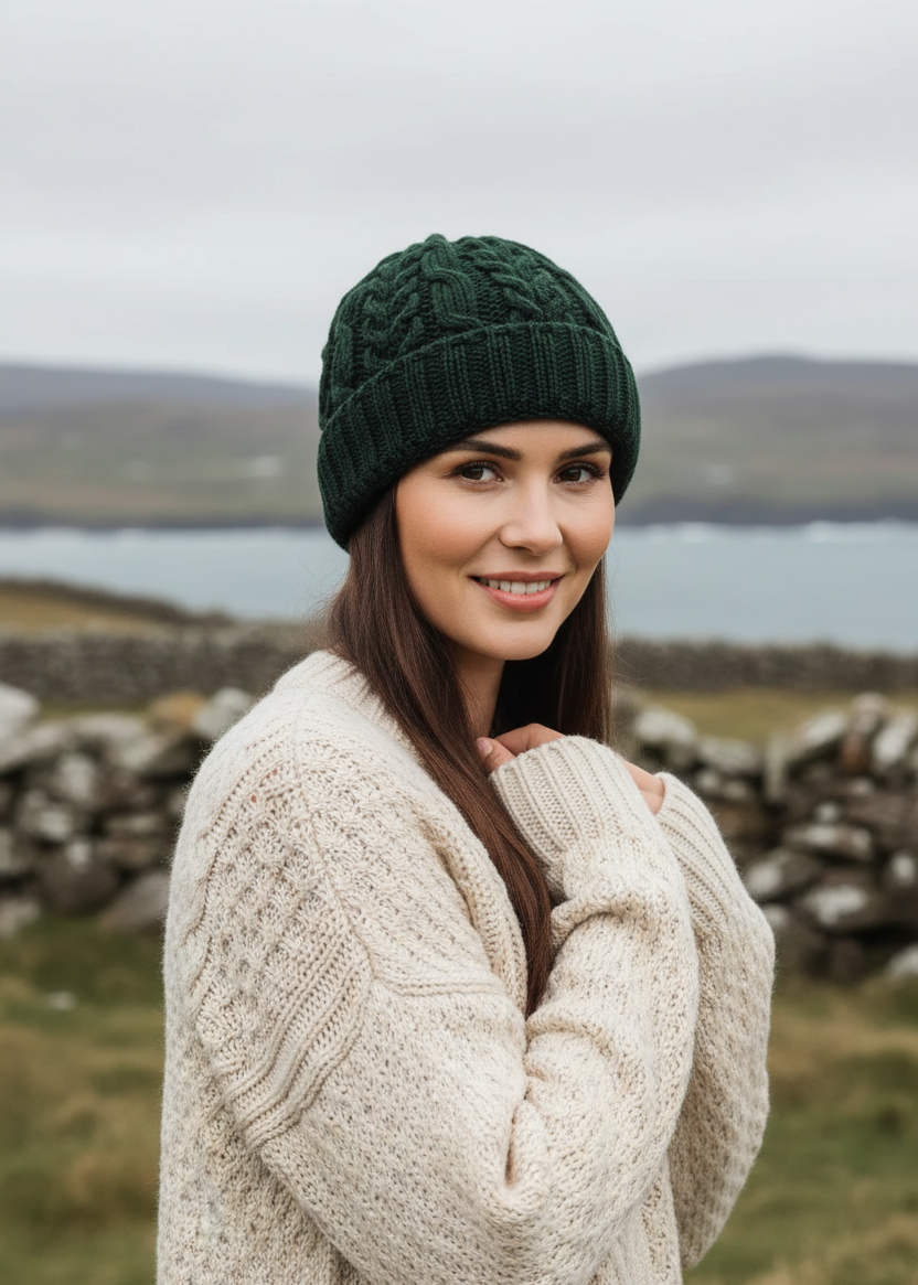 Aran Pure Wool Worsted Hat | Green