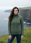 Green Aran Turtleneck Sweater with Denim