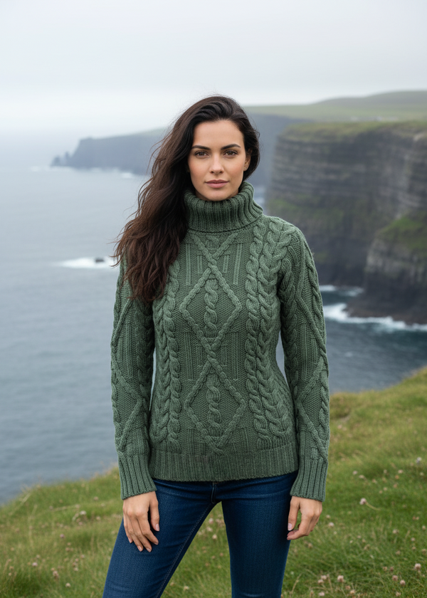 Green Aran Turtleneck Sweater with Denim