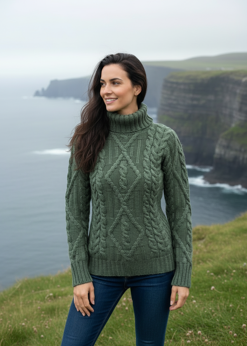 Irish Aran Turtleneck Sweater - 100% Merino Wool | Green