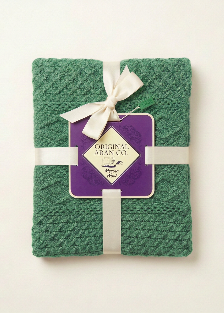 Green blanket with original ribbon and label