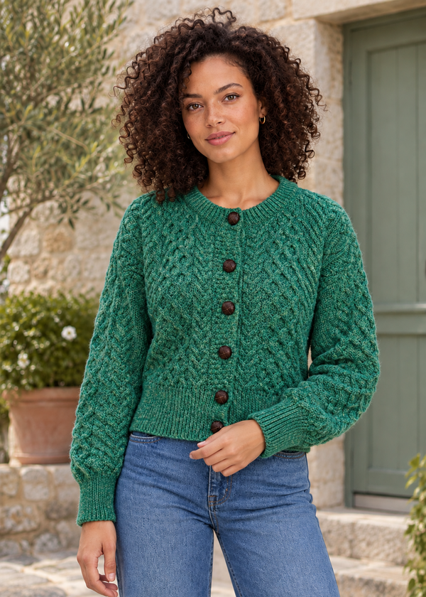 Ladies Merino Cropped Classic Aran Cardigan | Green