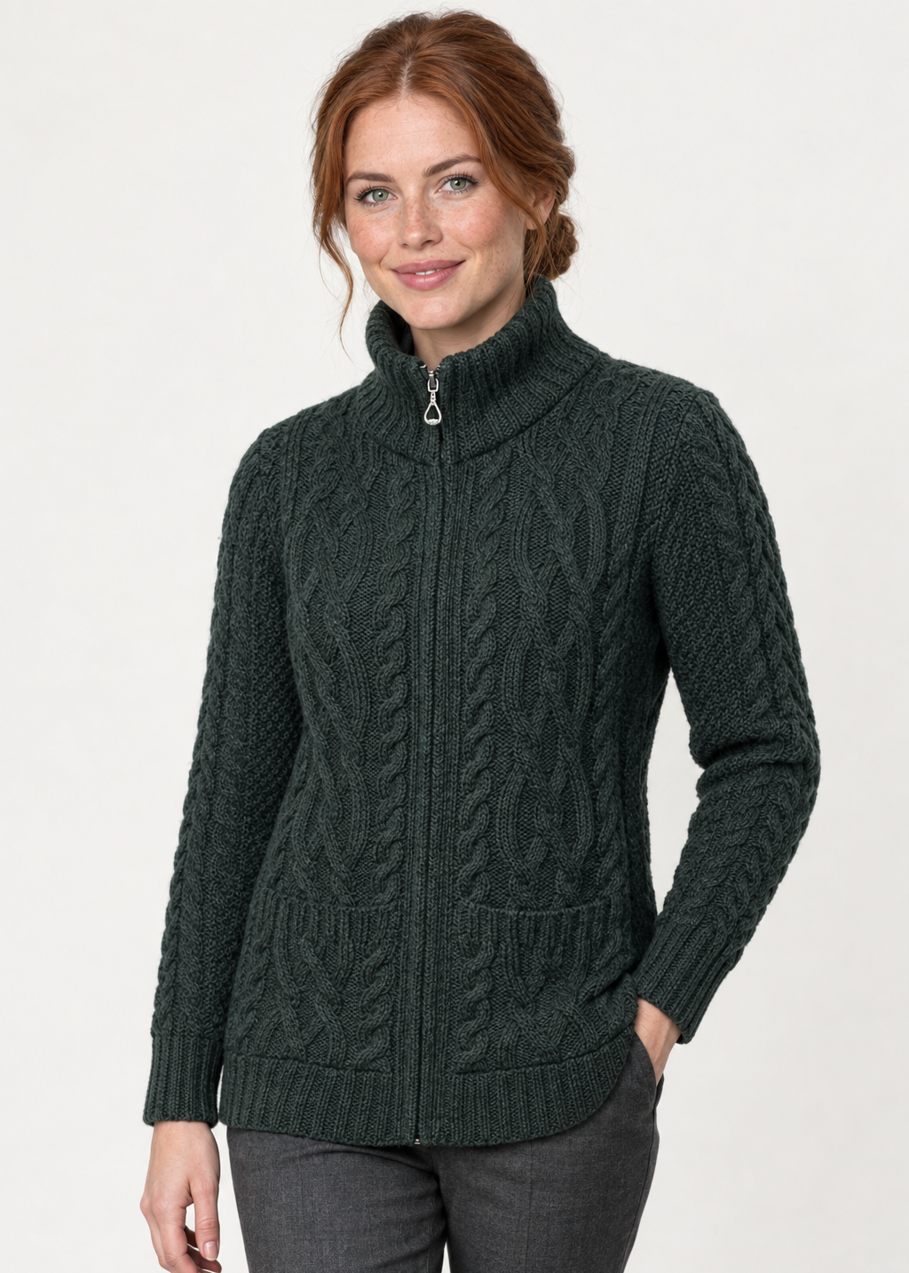 Green cardigan three-quarter studio pose