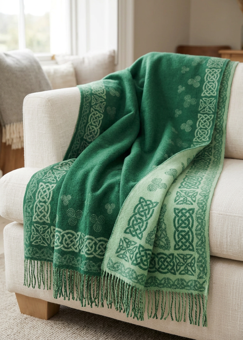Aran 100% Wool Reversible Celtic Swirl Blanket | Sage Green