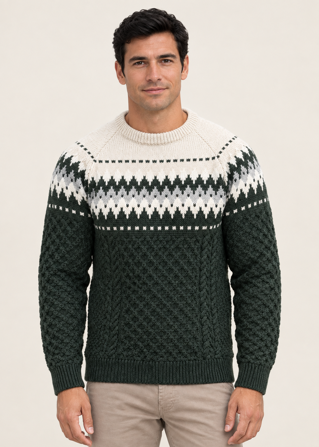 Aran Merino Crew Neck Fair isle Sweater - Green