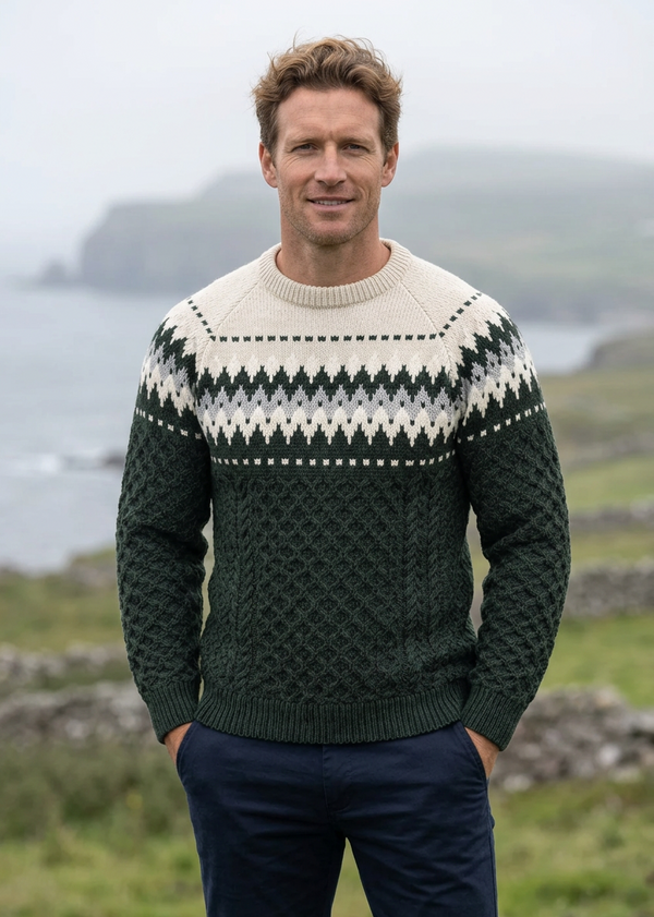 Aran Merino Crew Neck Fair isle Sweater - Green