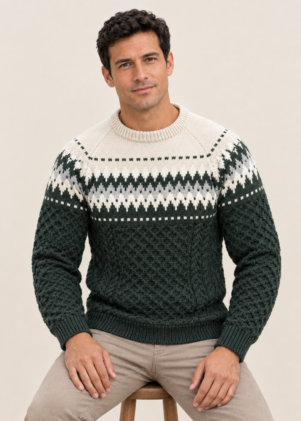 Aran Merino Crew Neck Fair isle Sweater - Green