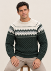 Aran Merino Crew Neck Fair isle Sweater - Green