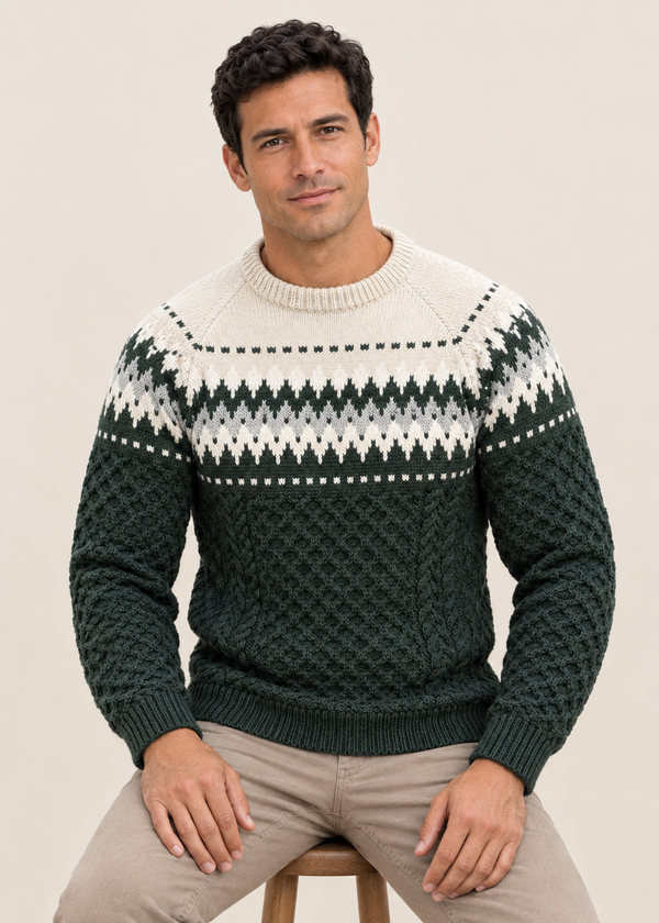 Aran Merino Crew Neck Fair isle Sweater - Green