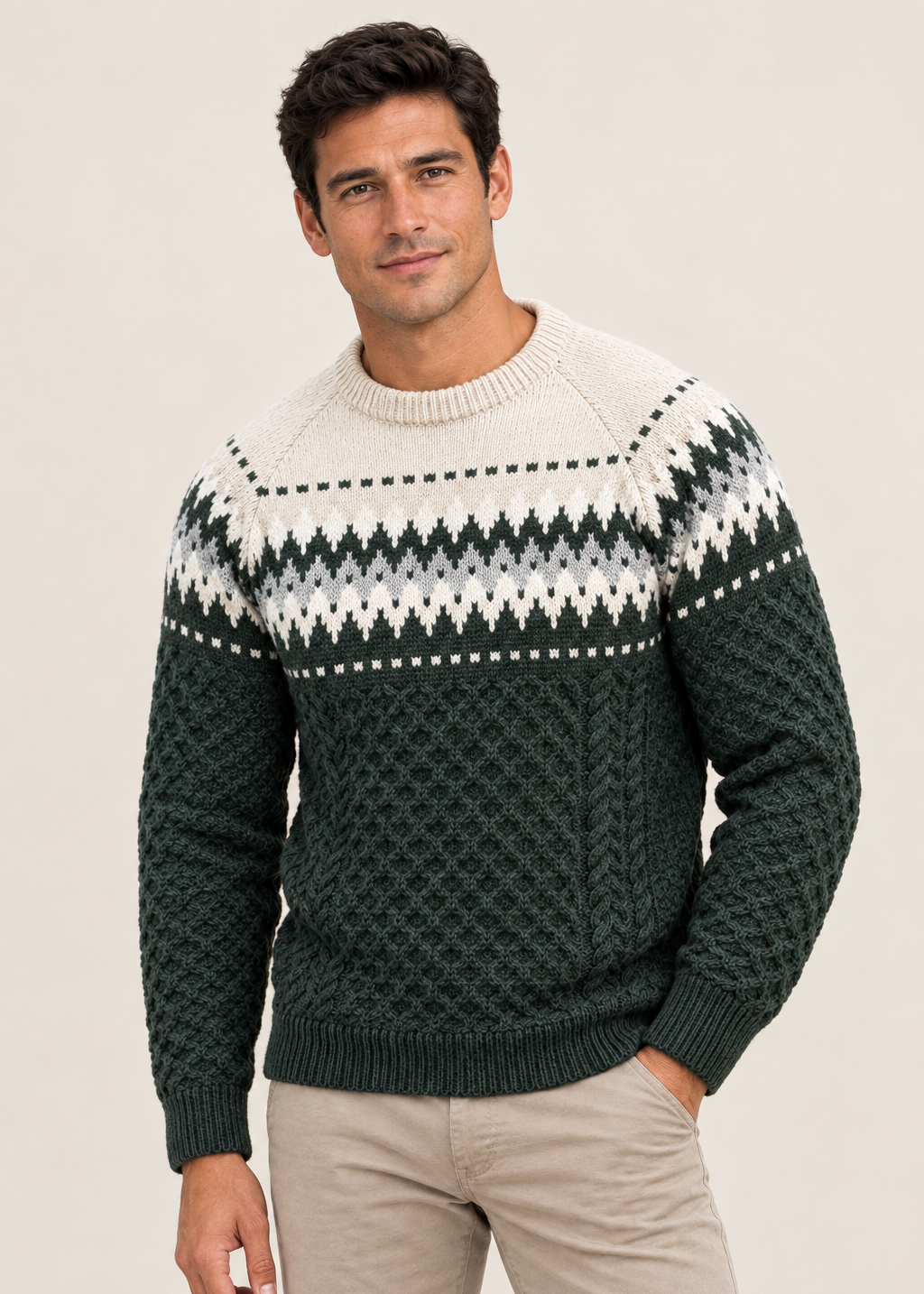 Aran Merino Crew Neck Fair isle Sweater - Green