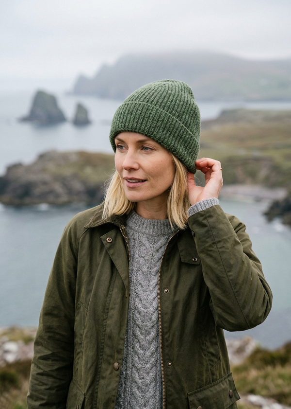 Aran Vintage Merino Wool Ribbed Hat | Green - Clearance