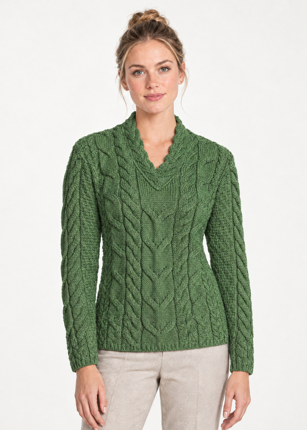 Ladies V-Neck Supersoft Merino Aran Sweater - Meadow Green