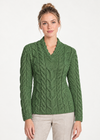 Ladies V-Neck Supersoft Merino Aran Sweater - Meadow Green