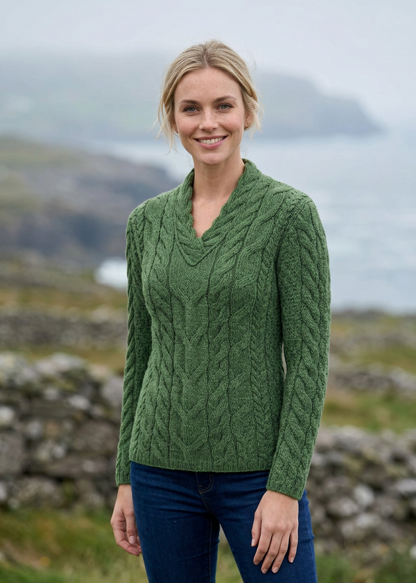 Ladies V-Neck Supersoft Merino Aran Sweater - Meadow Green