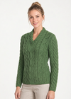 Ladies V-Neck Supersoft Merino Aran Sweater - Meadow Green