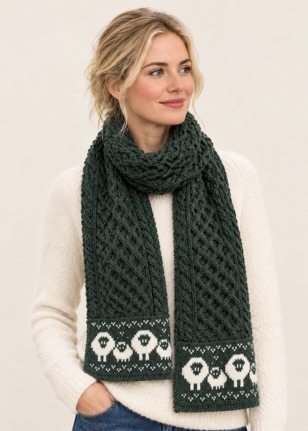 Merino Wool Sheep Aran Scarf | Green