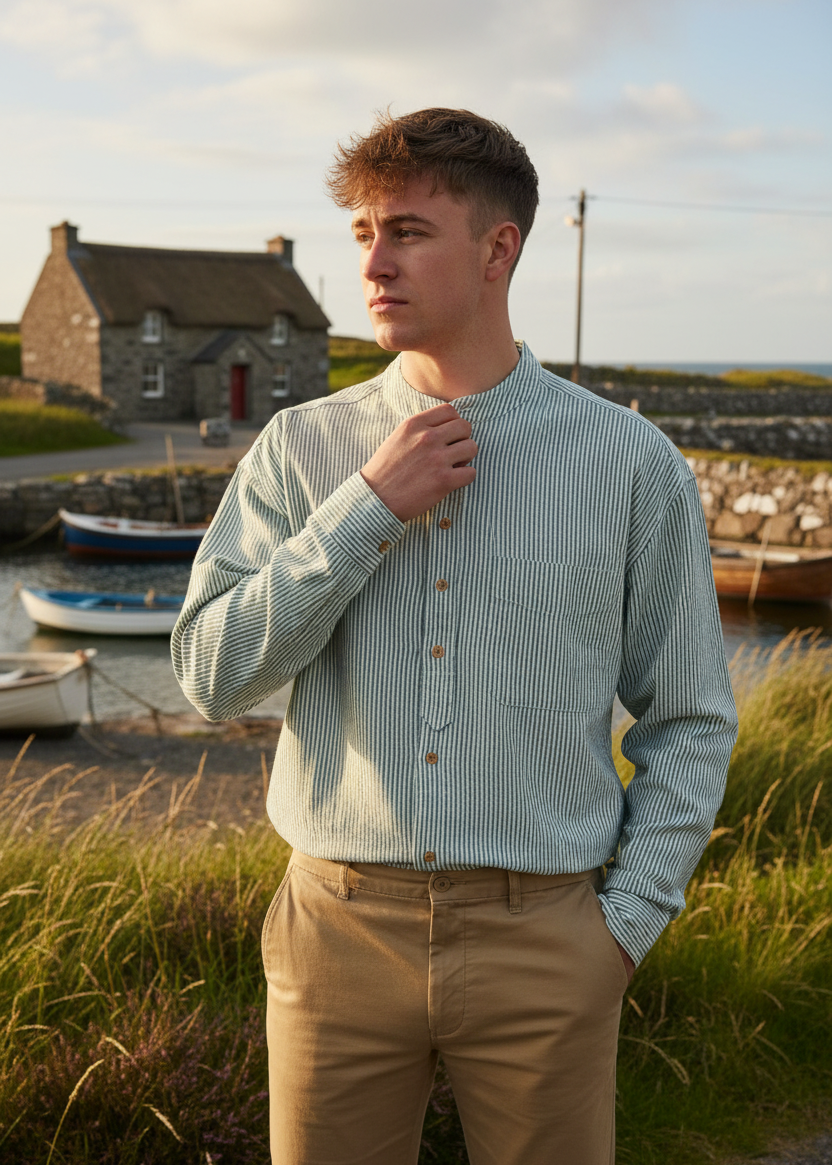 Green Striped Grandfather Shirt - Village Setting