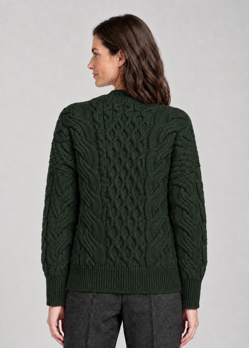 Ladies Long Crop Cable Supersoft Merino Aran Sweater | Green