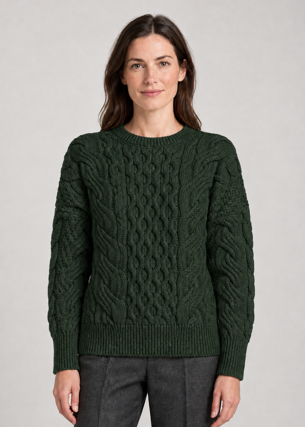 Ladies Long Crop Cable Supersoft Merino Aran Sweater | Green