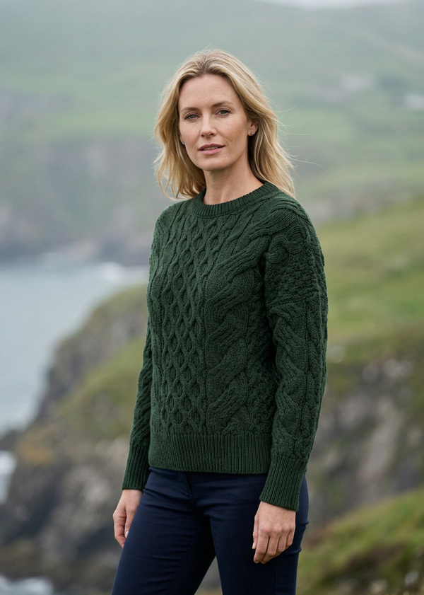 Ladies Long Crop Cable Supersoft Merino Aran Sweater | Green