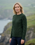 Ladies Long Crop Cable Supersoft Merino Aran Sweater | Green