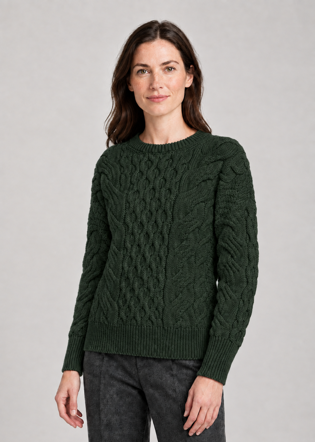 Ladies Long Crop Cable Supersoft Merino Aran Sweater | Green