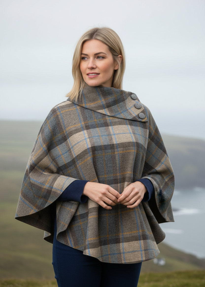 Mucros Wool Poncho | Mustard Blue Stripe