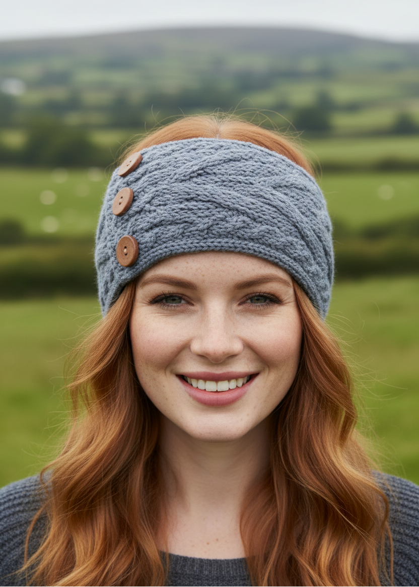 Women's Aran Button Headband | Ocean Grey