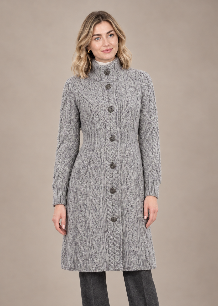 Grey coat, front-facing studio pose