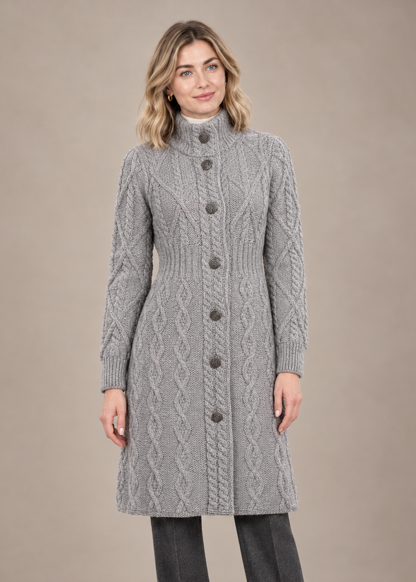 Grey coat, front-facing studio pose