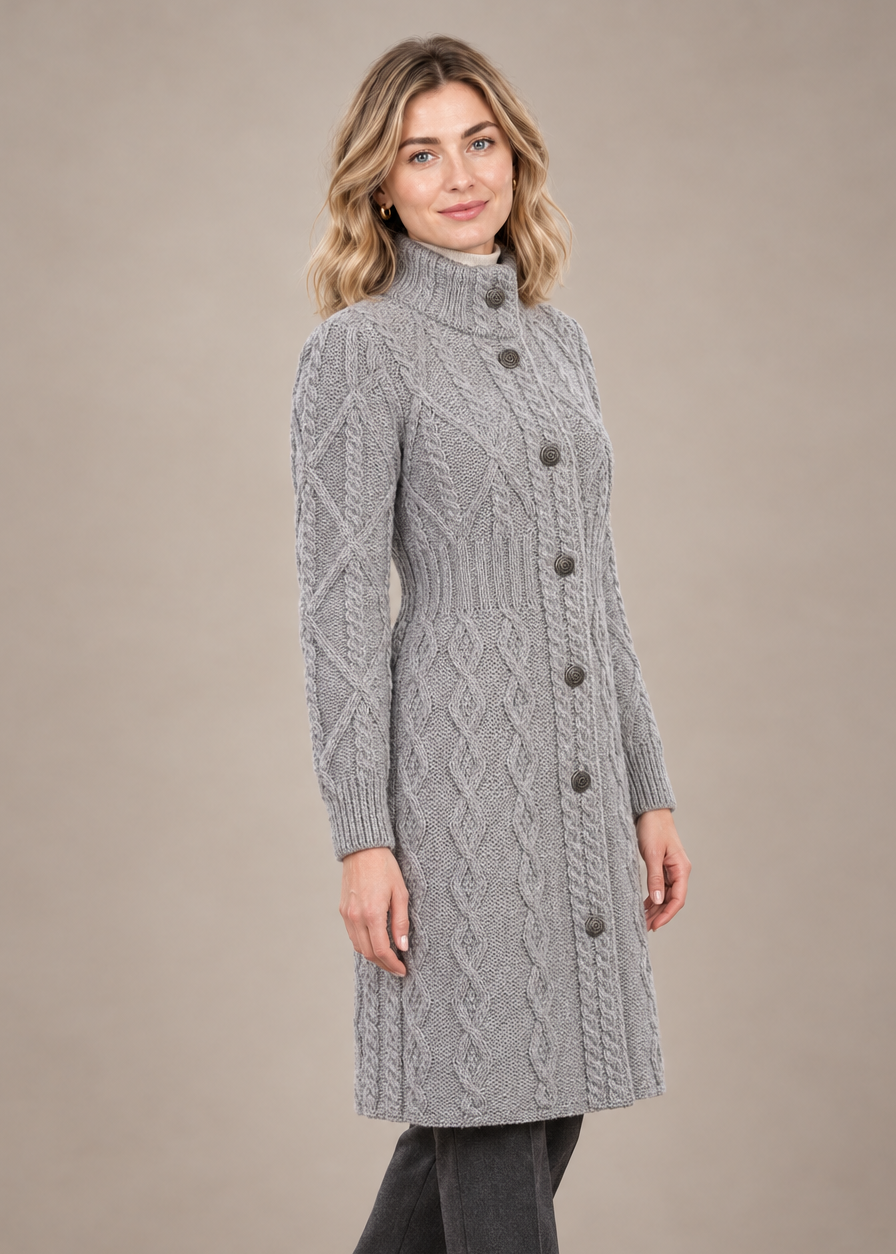 Grey coat, side three-quarter studio pose