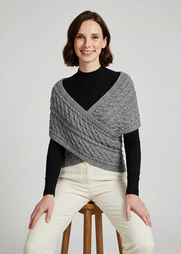 Ladies Merino Wool Cable Crossover Aran Button Wrap | Grey