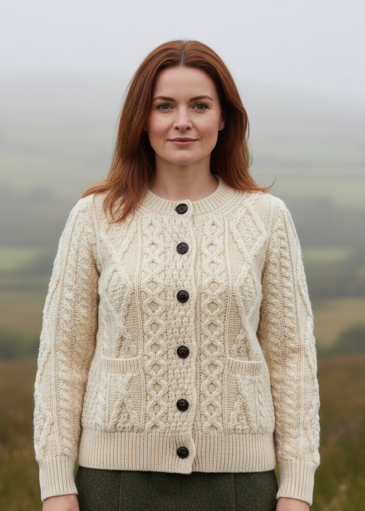 Ladies Aran Cardigan | 100% Irish Wool | Natural Cream