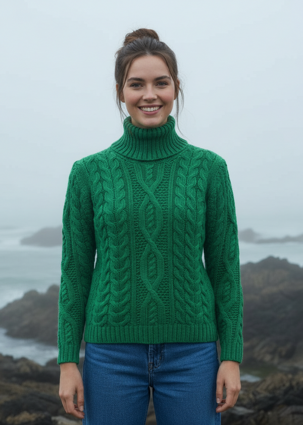 Woman wearing a green cable knit sweater standing in front of a coastal landscape.
