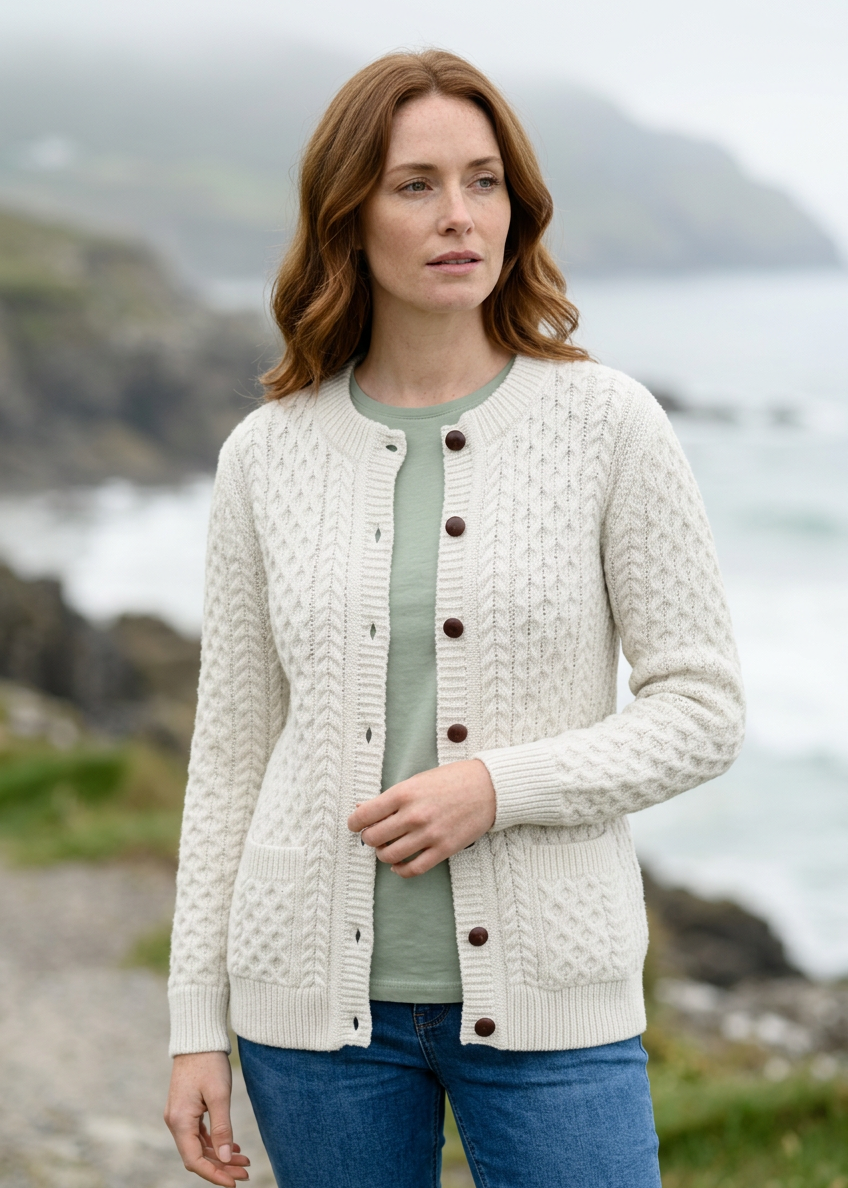 Aran Merino Wool Cable Knit Cardigan | Natural
