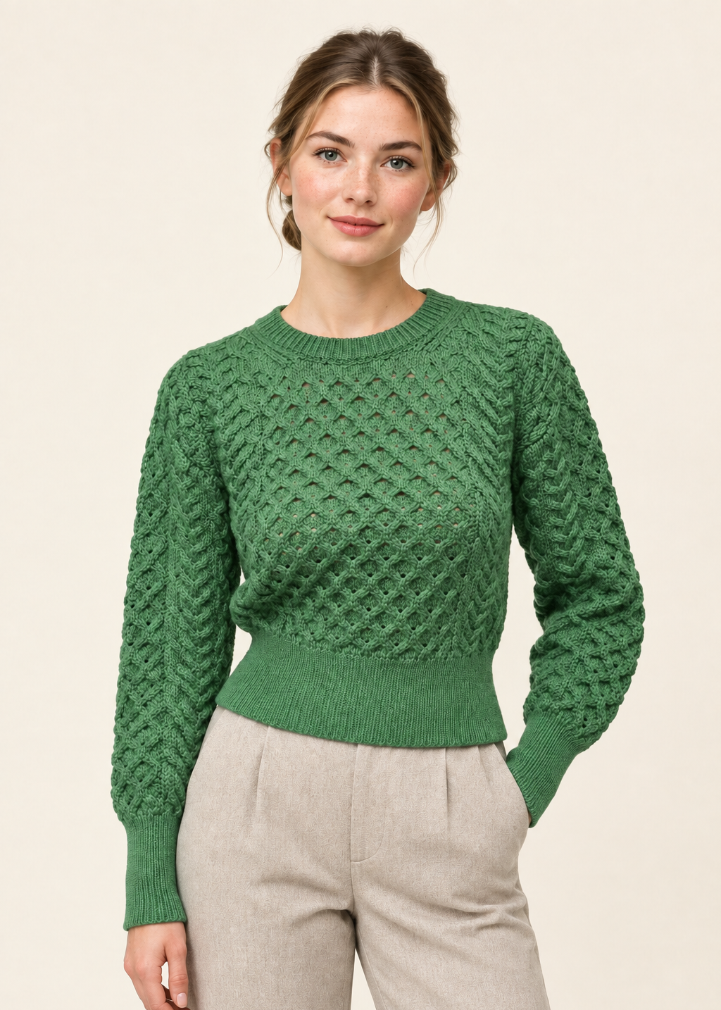 Ladies Merino Cropped Classic Aran Sweater | Green