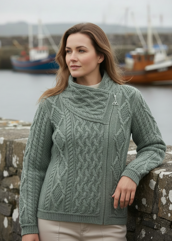 Aran Crafts Ladies Side Zip Cardigan | Thundra Green