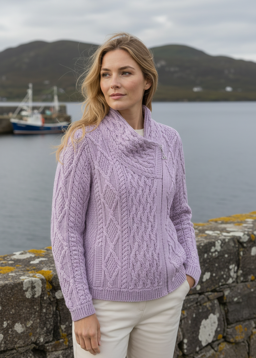 Aran Crafts Ladies Side Zip Cardigan | Sky Pink