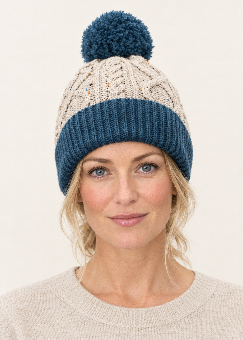 Two Tone Aran Pom Pom Hat | Oatmeal & Mallard