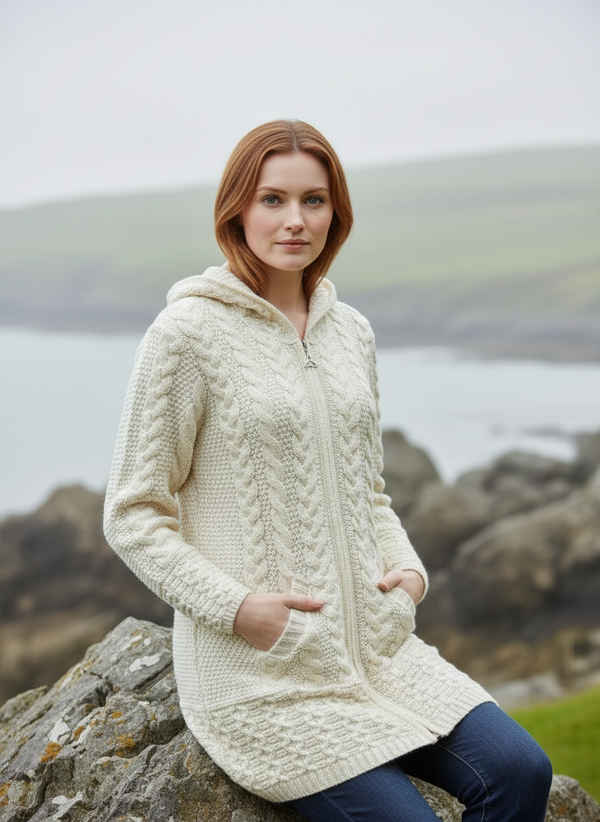 Irish Aran Hooded Cardigan | Natural Cream | 100% Merino Wool | Celtic Knot Zipper