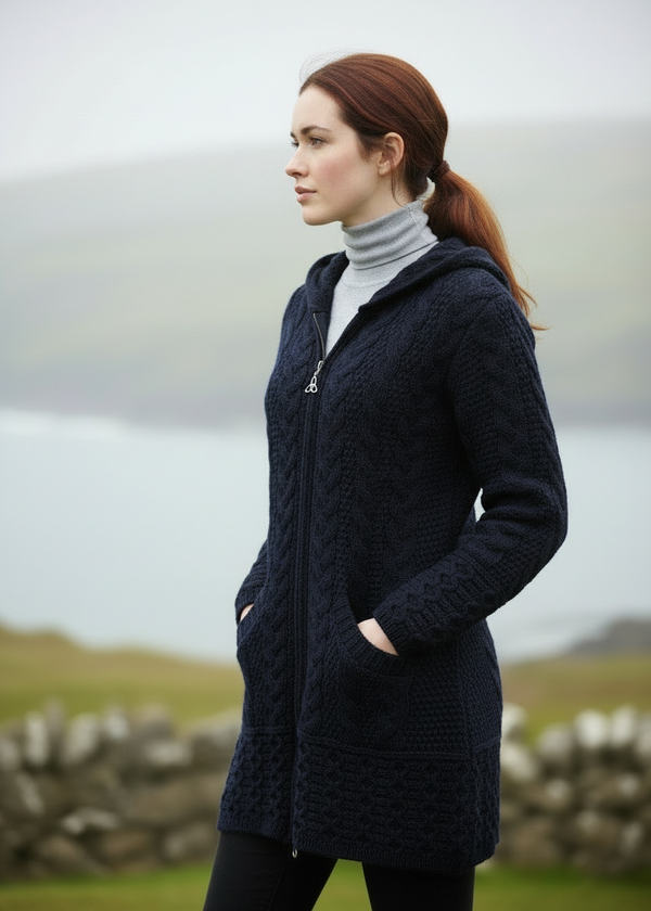Aran Galway Cardigan With Celtic Knot Zipper | Navy