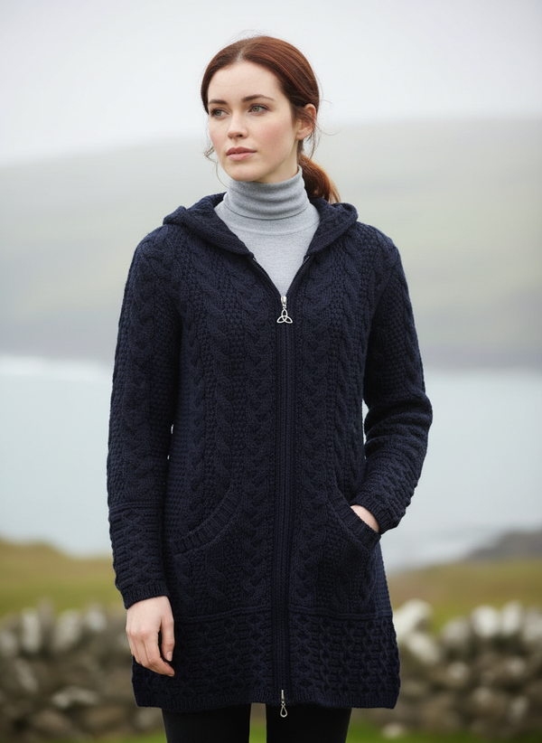 Aran Galway Cardigan With Celtic Knot Zipper | Navy