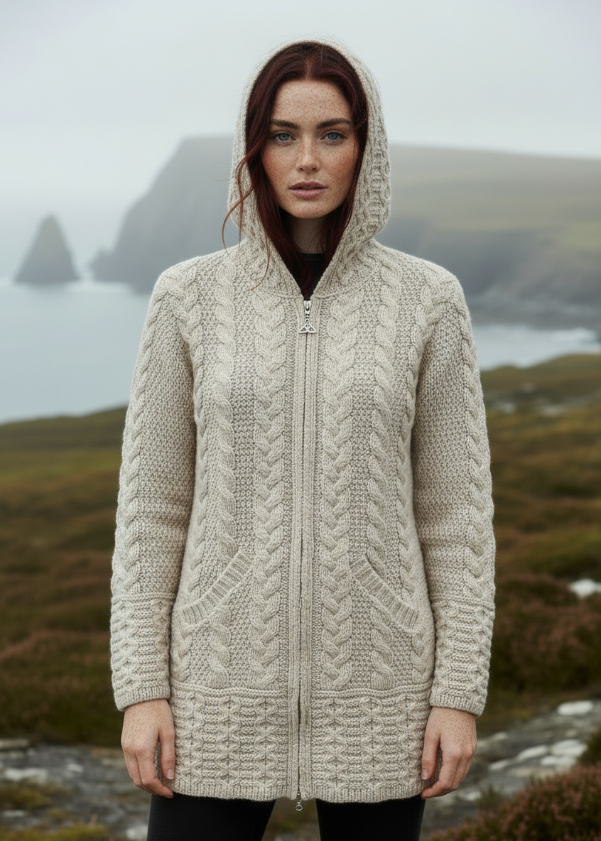 Aran Hooded Cardigan - Hood Down Front